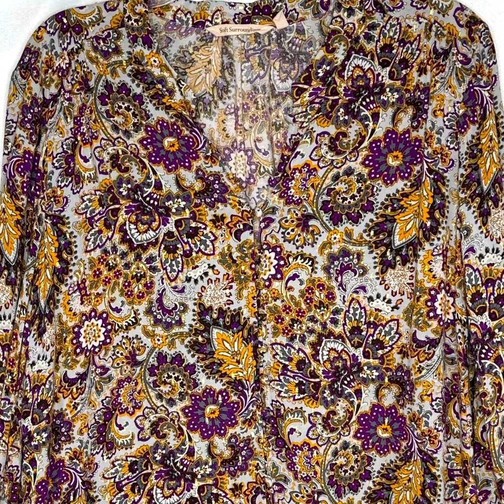 Soft Surroundings Blouse‎ Purple Paisley Floral Gold Metallic Floral Boho Sz XL - Picture 6 of 11